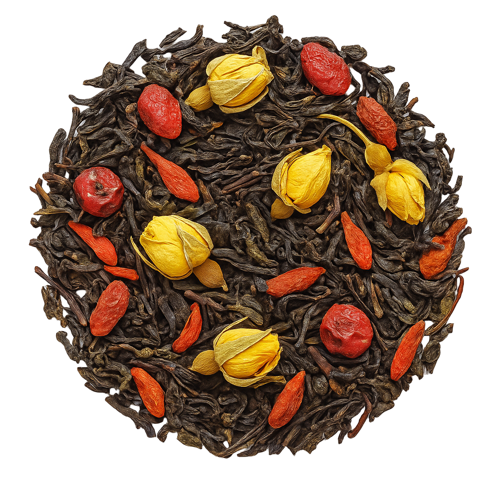 Pu-Erh Antiage: tè pu-erh con bacche di goji, mirtillo rosso, melograno e fiori. Acquista online Pu-Erh Antiage.