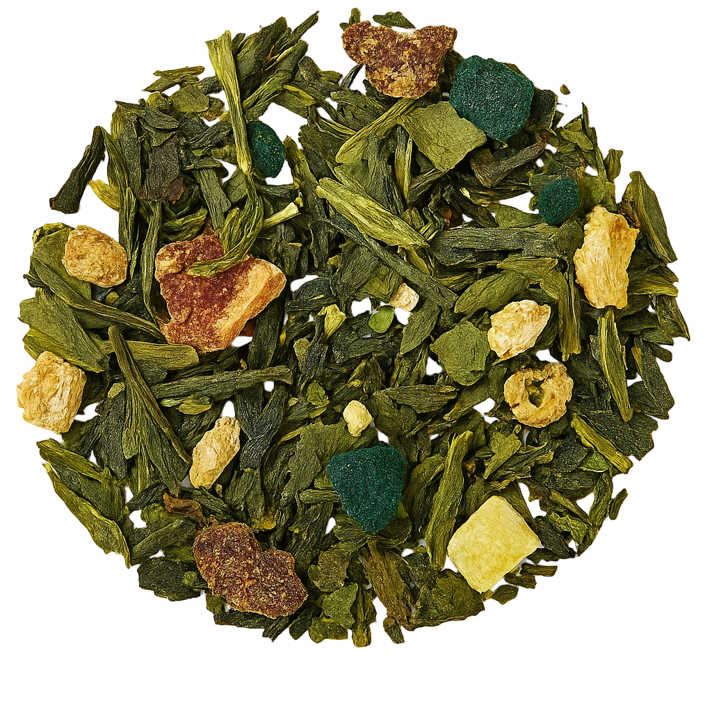 Sol Levante: tè verde con passion fruit, pera, zenzero e spirulina. Un infuso fresco, fruttato e originale. Acquista online Sol Levante.