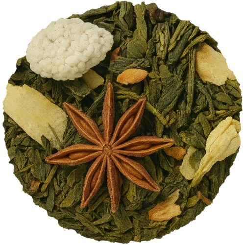 Colazione da Tiffany, tè verde con cocco, mandorle e cannella. Un infuso dolce, speziato e avvolgente da gustare ogni giorno.