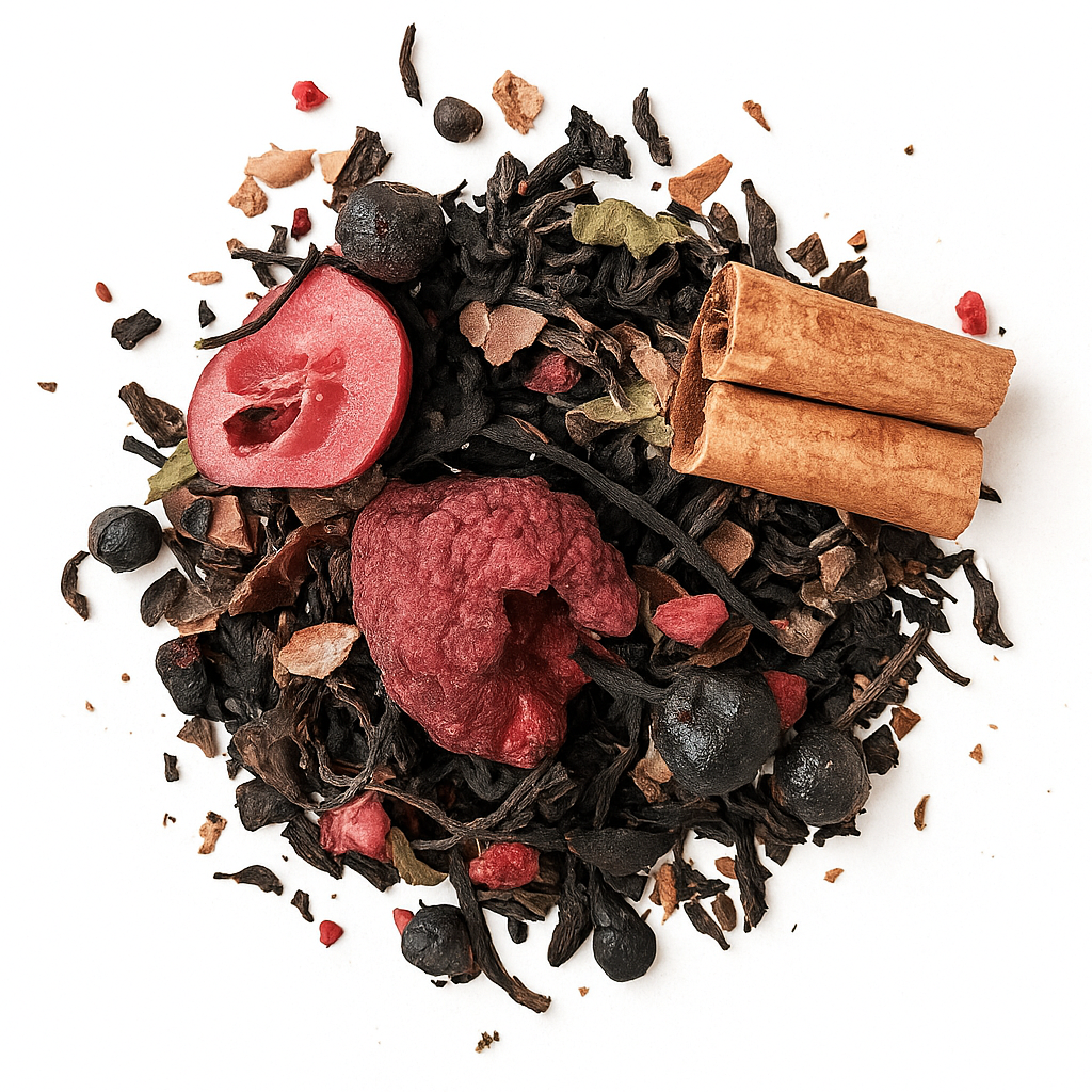 Foresta Incantata: tè nero con mirtilli, lamponi e cioccolato. Goloso, fruttato e speziato. Acquista online Foresta Incantata.