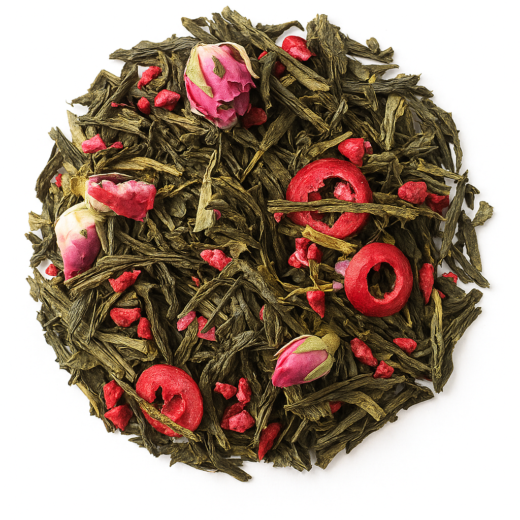 Ikebana: tè verde giapponese con boccioli di rosa e mirtillo rosso. Dolce e profumato. Acquista online Ikebana.