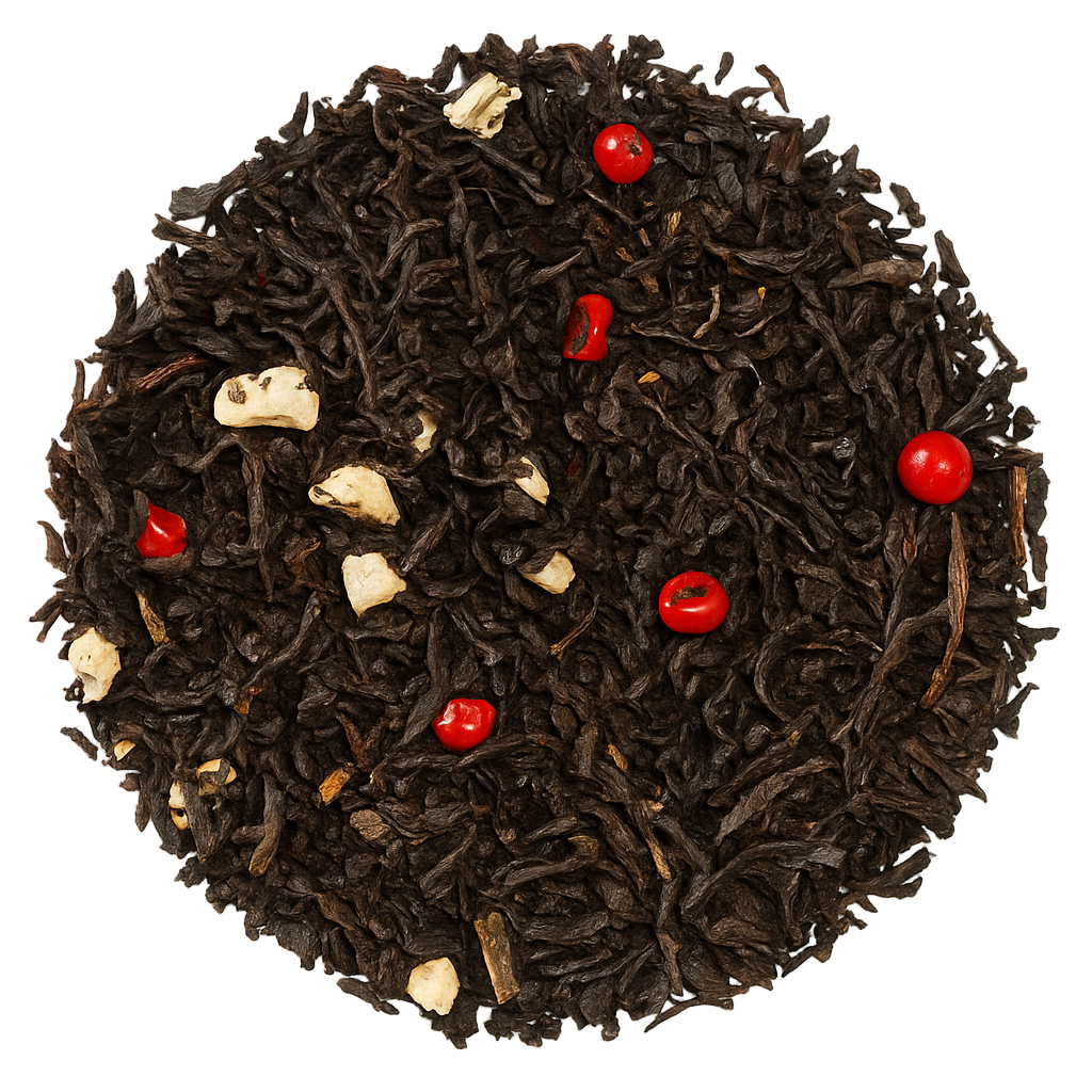 Magia degli Elfi: tè nero con mandorle, cioccolato e pepe rosa. Aromatico e goloso. Acquista online Magia degli Elfi.