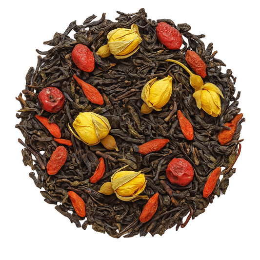 Pu-Erh Antiage: tè pu-erh con bacche di goji, mirtillo rosso, melograno e fiori. Acquista online Pu-Erh Antiage.