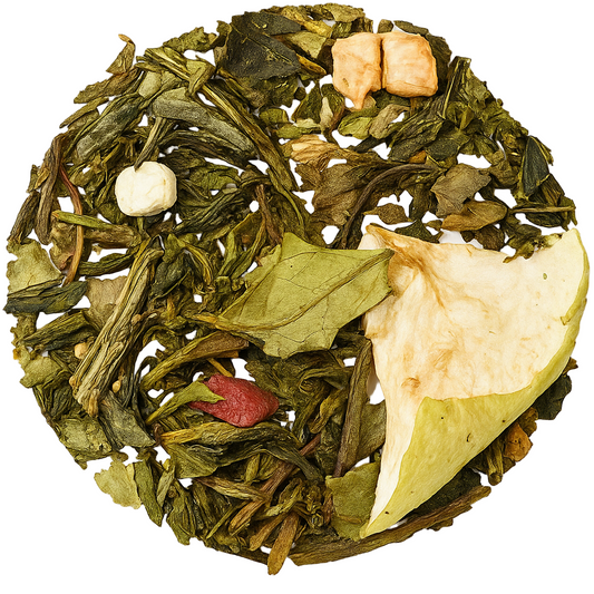 Saluto al Sole Bio: tè verde e bianco con mela e zenzero. Fresco, energizzante e naturale. Acquista online Saluto al Sole Bio.