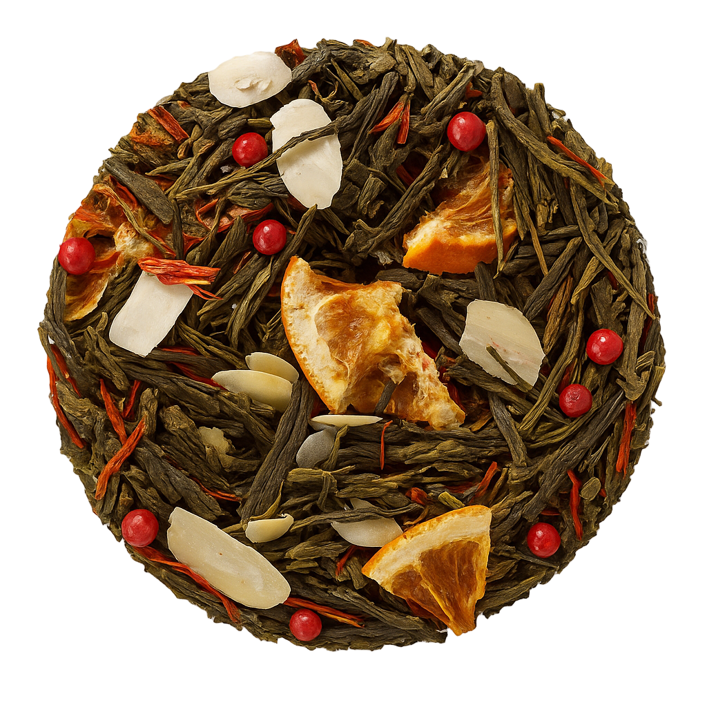 Samurai: tè verde con mandorla, arancia e pepe rosa. Fresco e speziato, perfetto caldo o freddo. Acquista online Samurai.
